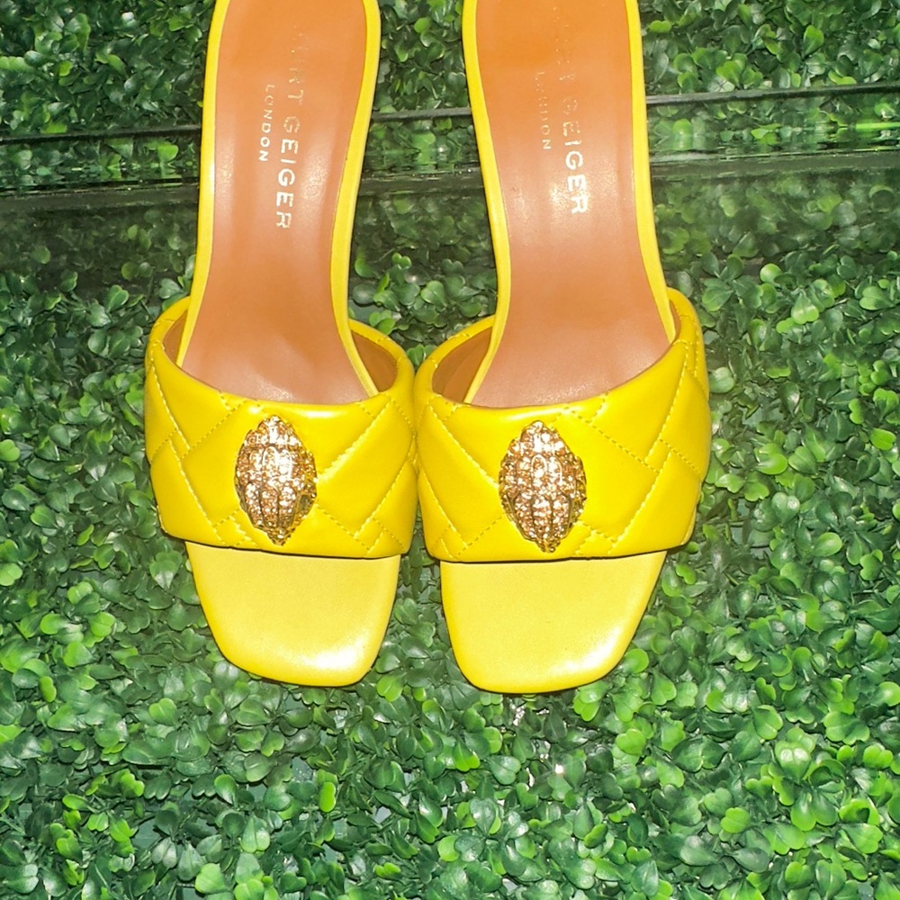 Kurt Geiger Yellow Quilted Mules with Gold Embellishment